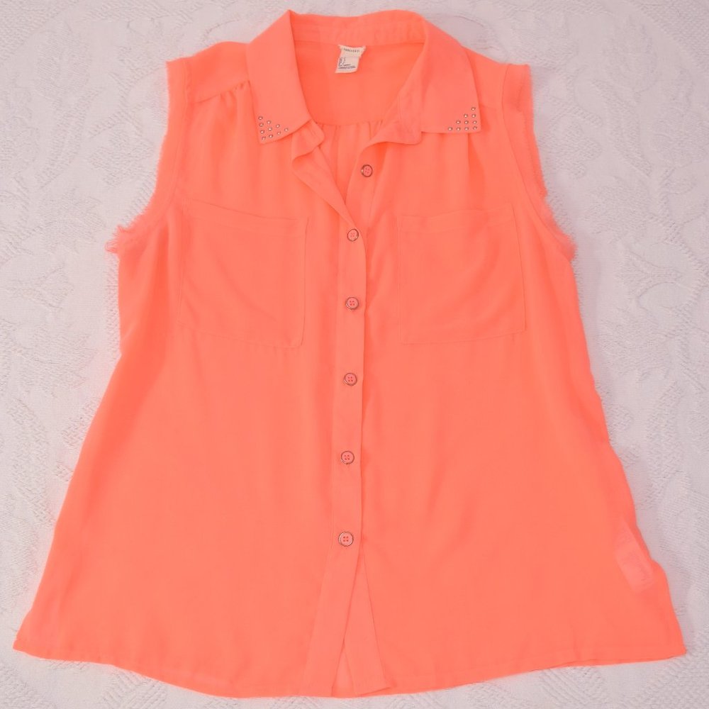 Forever 21 Fluorescent Neon Coral Button Studded Sheer Shirt Tank Top Blouse S